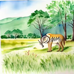 a painting of an animal in a field,a drawing of a tiger eating grass and trees
