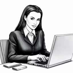 a cartoon woman is on her laptop on the desk