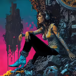 a woman sitting on top of a pile of rubble
