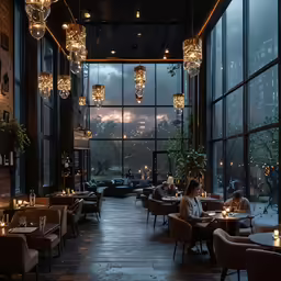 the interior of a modern restaurant at dusk