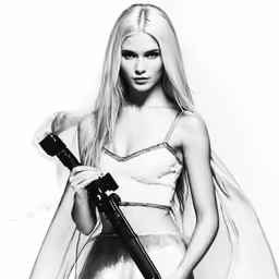 a beautiful woman holding an open umbrella in front of a white background