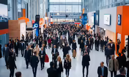 crowd of people walking around an office building