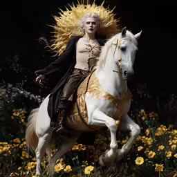 a woman is riding on the back of a white horse
