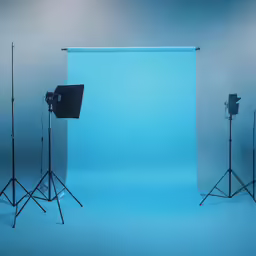 two light photography equipment stands behind a blue background