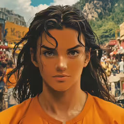 a woman wearing a hairdow and wet orange shirt with the street crowded