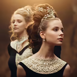 two women wearing elaborate clothing and gold jewelry
