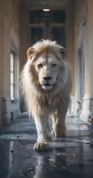 a lion walking down an old building hallway