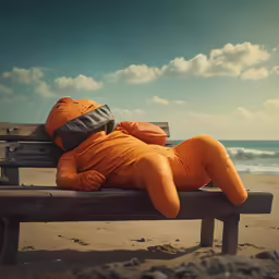 an orange man laying on top of a bench