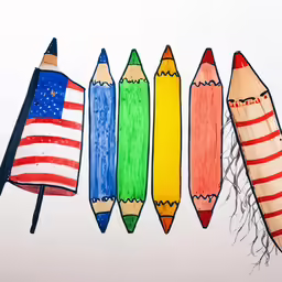 colorful pencils standing in a row with an american flag on top
