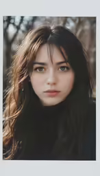a young woman with long brown hair and freckled bangs looking at the camera