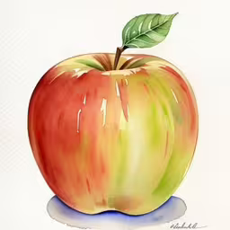 a painting of an apple with one leaf on the top,an apple is shown on a paper on the ground