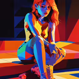 a woman is sitting down with her legs crossed,a digital painting of a woman sitting on the ground