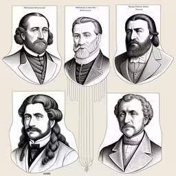 several historical men with beards are shown,the four men of shakespeare play,some of the presidents who wrote and wrote his book,six historic presidents that were drawn from historical magazines,a drawing of the six presidents in different ways
