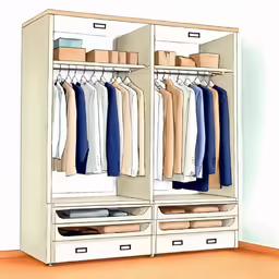 an open closet with several shirts and pants hanging