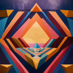 an abstract painting with triangles on a blue sky,a very colorful painting with some red blue yellow and orange shapes