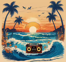 an image of a boom box in front of a sunset,a radio set that is sitting in front of the ocean with the sun in the background