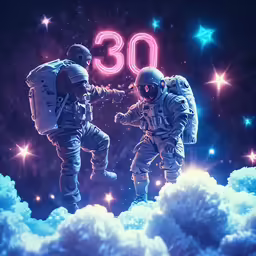 the astronauts in their spaces against a background of stars and clouds