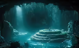 a stream flowing through a cave next to the lush green forest