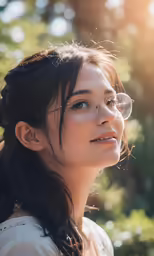 a woman with glasses looks into the distance
