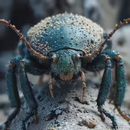 a blue beetle is standing on top of the surface