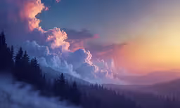 an artistic photograph of trees at sunset in the mountains