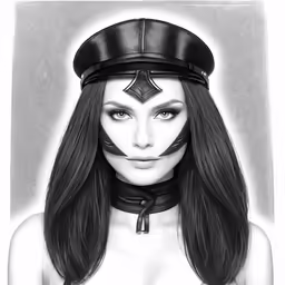 a women with long dark hair wearing a military helmet and choker