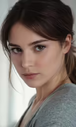 young woman with eyeliner wearing a grey t - shirt