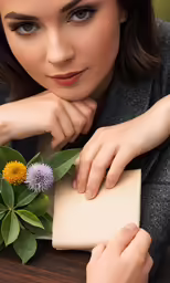 a woman holds her hand up on the end of a block of paper