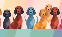 several dogs, one brown and one orange, are standing side by side