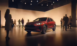 a red vehicle on display in a building