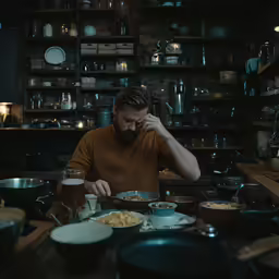 a man is sitting in a dark kitchen making a big mess