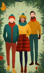 a woman, a man and a girl are standing in front of christmas tree,a couple and their dog are wearing sweaters while in the woods