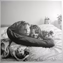 a family is resting on their bed together