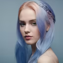 a girl with bright blue hair is standing
