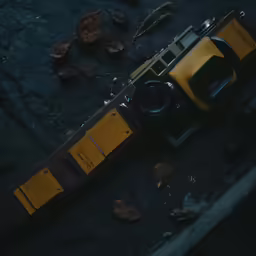 an old photo camera is laying on a road