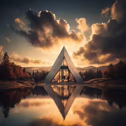 a triangle shaped building sitting on top of a lake