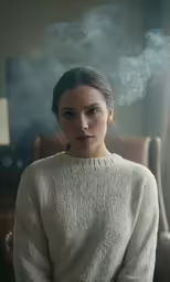 an attractive young woman smoking cigarette by the window