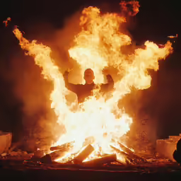 a person in the fire with arms out