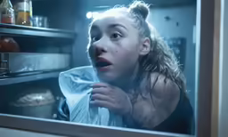 a girl peeking out from inside a fridge