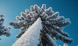 the top of an evergreen tree covered in snow