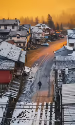 a person walking on a snow covered city street