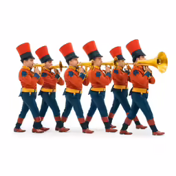 several male marching band members in red hats
