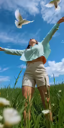 a young girl is reaching high for white birds