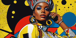 a woman talking on a cell phone next to a painting of a man,a woman talking on a cell phone with earrings