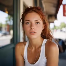 the girl is sitting alone outside posing for the camera