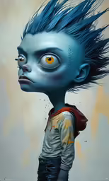 an evil looking cartoon character with blue hair and yellow eyes