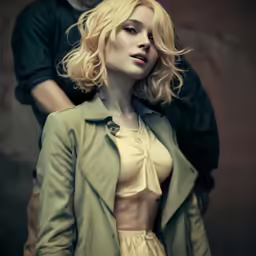 the blonde haired woman is wearing a green jacket