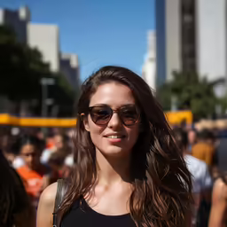 a young woman in sunglasses with people behind her