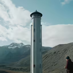 a man is walking towards a lighthouse in the mountains