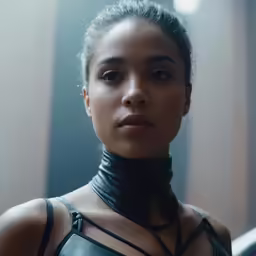 the woman is wearing a choke neck, but she has an extremely large black collar